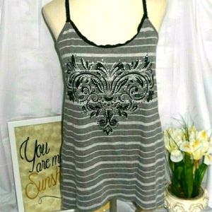 Maurices Gray Black Striped Crystal Rhinestone Embellished Lacy Tank Top